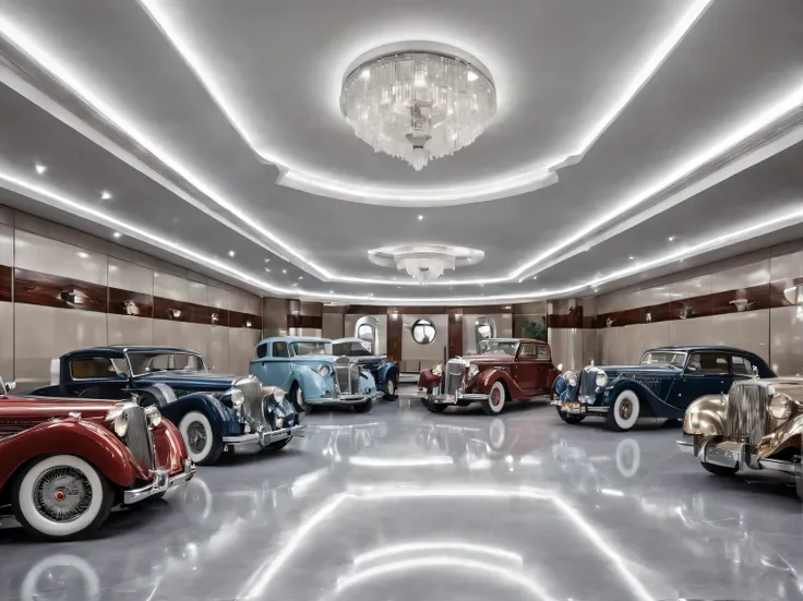 Artistic photography for publication in an elite glossy magazine, a large spacious Art deco garage with cars matching the Art deco style, modern expensive finish, expensive materials, polished stone and mahogany, clear geometric lines in strict accordance ...