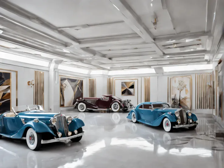 artistic photography for publication in an elite glossy magazine, a large spacious art deco garage with cars matching the art de...