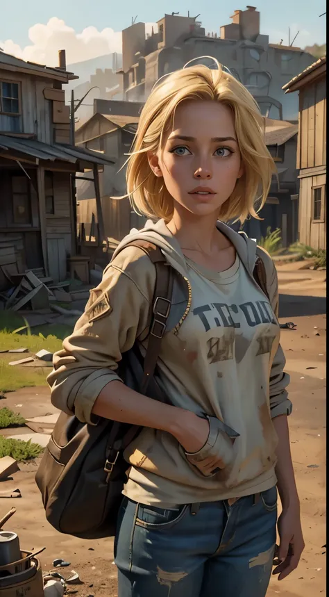 Foto hiperrealista en primer plano de 20 years old Maria Bello (blond hear) wear dirty cloths, masterpiece, best quality, (photorealistic:1.4),  Create dystopian masterpieces. Depict a rural landscape in the rugged style of the games concept art. This work...