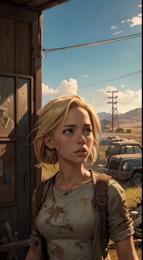 Foto hiperrealista en primer plano de 20 years old Maria Bello (blond hear) wear dirty cloths, masterpiece, best quality, (photorealistic:1.4),  Create dystopian masterpieces. Depict a rural landscape in the rugged style of the games concept art. This work...