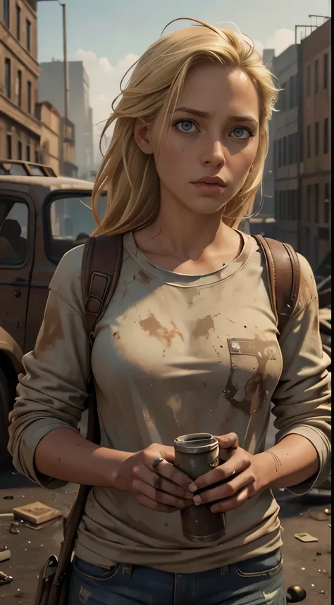 Foto hiperrealista en primer plano de 20 years old Maria Bello (blond dirty hair) wear dirty cloths, masterpiece, best quality, (photorealistic:1.4), Create dystopian masterpieces. Depict the cityscape in the gritty style of the games concept art. This wor...