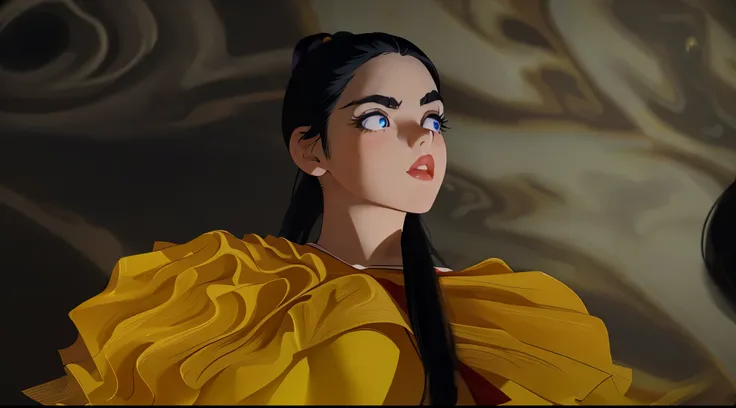 sailor_venus, a girl with black hair in a ponytail thick eyebrows blue eyes wearing a yellow dress with frill over an abstract marble background, she lookes impressed, wide open eyes, lighted from below