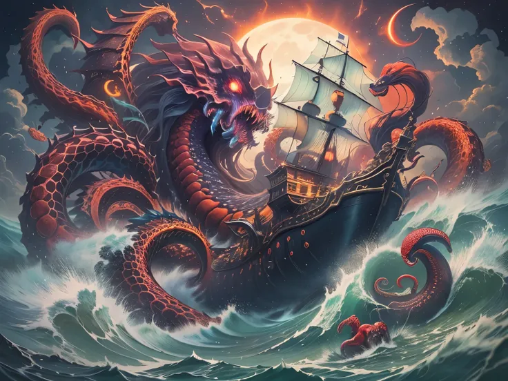 A gigantic octopus-like sea monster rips through the ocean, roaring with all its anger waves surround him, the dark ocean only reflects the big white moon behind the serpent, the sky in purple and red colours, the pirate ship firing the canon at the sea mo...