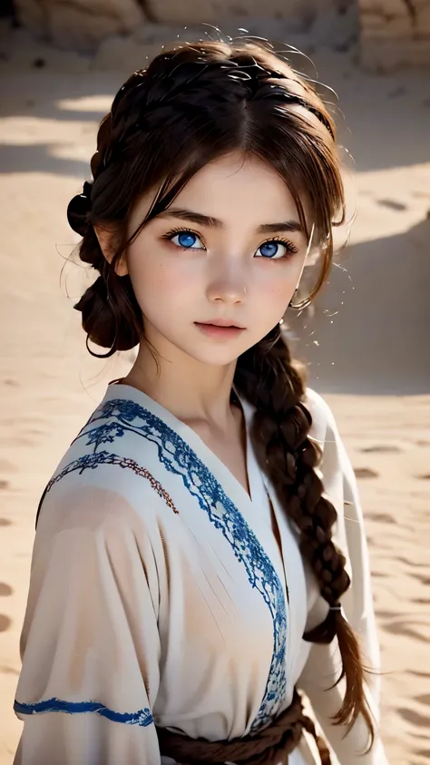 one woman、Perfect good looks、beautiful eyes、brown hair、french braid、snow-white skin、blue eyes、random facial expressions、full cover bedouin costume、Dark red tunic、desert、Dense skin and texture、Dystopia、blurred background、