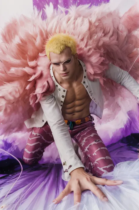 (masterpiece), (realistic), (ultra detailed), ( high reest quality), (photorealistic), (perfect face), (perfect anatomy), kid, male, solo, (((17 years old))), donquixote doflaminho from one piece, donquixote doflamingo, one piece, yellow hair, (((upward sp...