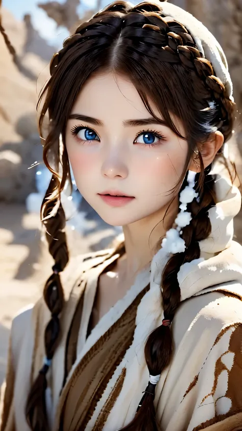 one woman、Perfect good looks、beautiful eyes、brown hair、french braid、snow-white skin、blue eyes、random facial expressions、full cover bedouin costume、Dark red tunic、desert、Dense skin and texture、Dystopia、blurred background、