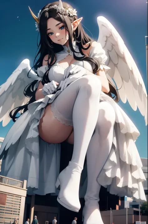 giant girl 50,000 feet high，Weight 1000kg，Has a pair of long legs，Open your eyes wide，Has a pair of huge white angel wings，With huge devil horns on his head，crown on head，Elf wearing white earrings，She has long black hair that reaches her feet，loose hair，B...