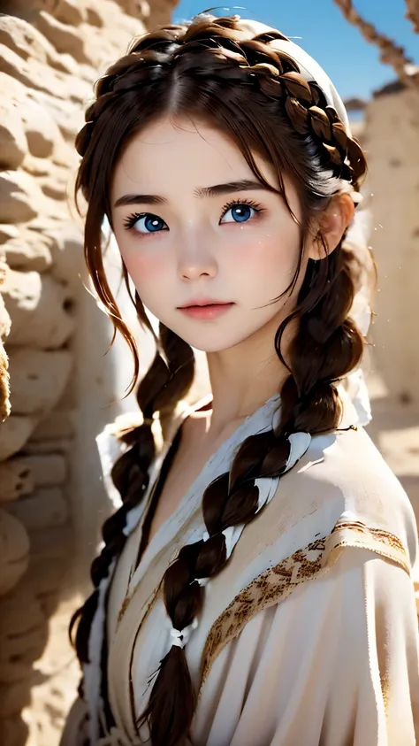 one woman、Perfect good looks、beautiful eyes、brown hair、french braid、snow-white skin、blue eyes、random facial expressions、full cover bedouin costume、Dark red tunic、desert、Dense skin and texture、Dystopia、blurred background、