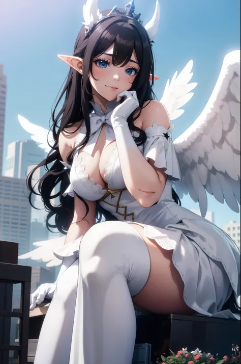 giant girl 50,000 feet high，Weight 1000kg，Has a pair of long legs，Open your eyes wide，Has a pair of huge white angel wings，With huge devil horns on his head，crown on head，Elf wearing white earrings，She has long black hair that reaches her feet，loose hair，B...