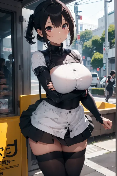 table top, highest quality, very detailed, 8K portrait,1 girl, Japaese Cyborg Girl,Plump , announcer,Control panel,mechanical hand, ,robot arms and legs, humanoid,loose boots,dark black leggings,Tight Skirt,a little chubby,panties,full eyes,she is an exhib...