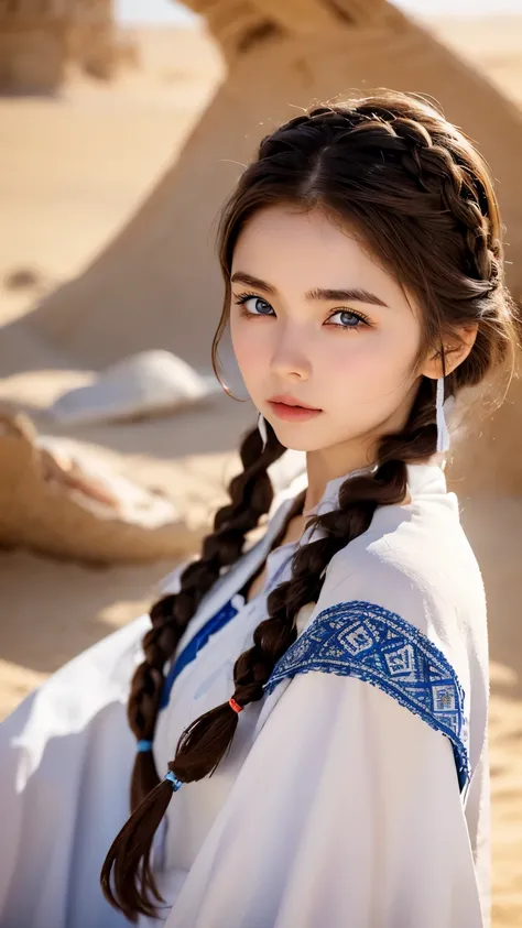 one woman、Perfect good looks、beautiful eyes、brown hair、french braid、snow-white skin、blue eyes、random facial expressions、full cover bedouin costume、Dark red tunic、desert、Dense skin and texture、Dystopia、blurred background、