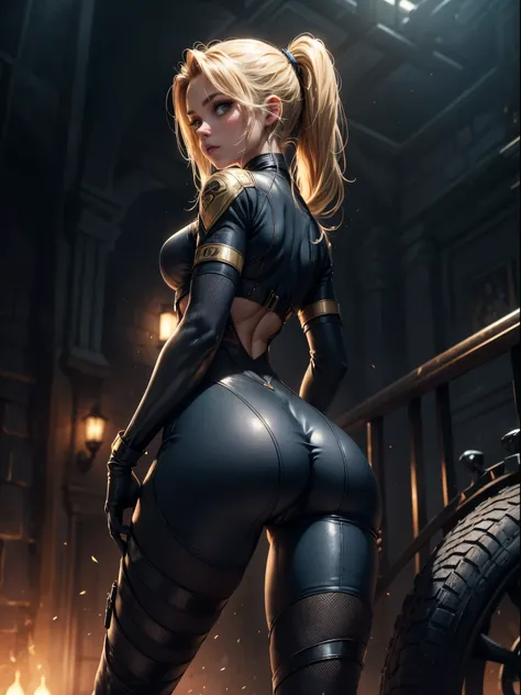 blond hairbl，Raised sexy，pony tails，Raised sexy，Royal Sister，Beautuful Women，tightsuit，Wide hips，Cocked buttocks，Royal Sister，offcial art，Unity 8k wallpaper，The background glows，ultra - detailed，Aesthetics，tmasterpiece，best qualtiy，realisticlying，illuminat...