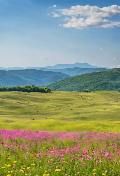 Vast grasslands of Hokkaido, wildflowers bloom, Gentle hills, graze animals at a distance, clear sunny day, Nikon Z7, zoom lens, Realistic countryside photography style, 
peaceful atmosphere, bright daylight, panoramic shot --ar 16:9