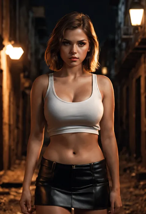 A Night Time Backlit Cinematic half upper body High quality rendering of a cute Busty and Curvy 18 year old Tina Douthit, medium length brown hair, detailed symmetrical hazel eyes, confident look with one eyebrow up of disapproval, relaxed, heer arms are c...