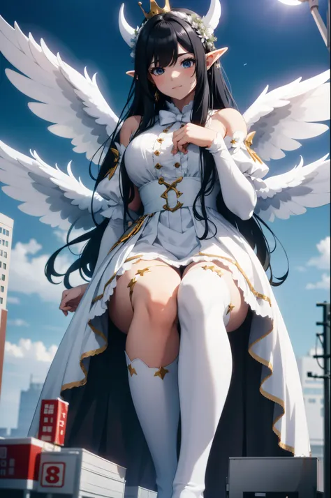 giant girl 50,000 feet high,Weight 1000kg,Have a pair of long legs,Keep your eyes open,Has three pairs of huge white angel wings,With huge devil horns on his head,wear a crown on your head,Elf wearing white earrings,She has long black hair that reaches her...