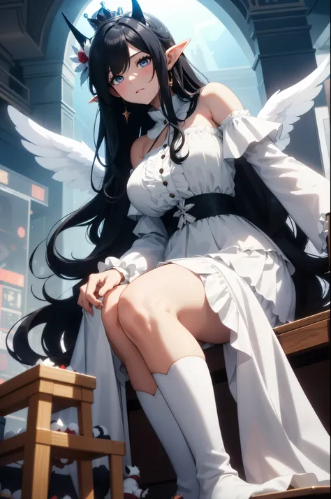 giant girl 50,000 feet high,Weight 1000kg,Have a pair of long legs,Keep your eyes open,Has three pairs of huge white angel wings,With huge devil horns on his head,There are nine fox tails,wear a crown on your head,Elf wearing white earrings,She has long bl...