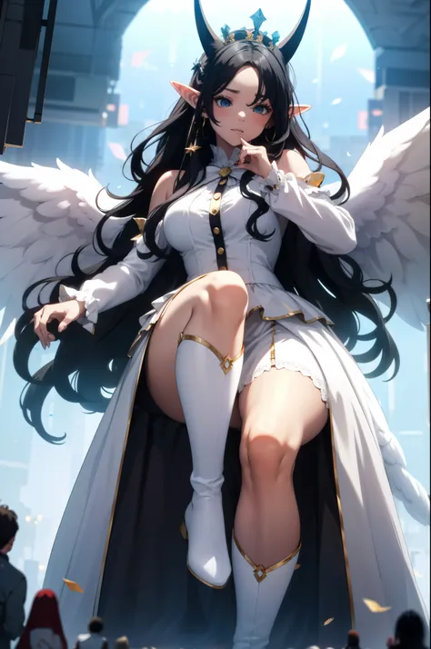 giant girl 50,000 feet high,Weight 1000kg,Have a pair of long legs,Keep your eyes open,Has three pairs of huge white angel wings,With huge devil horns on his head,There are nine fox tails,wear a crown on your head,Elf wearing white earrings,She has long bl...
