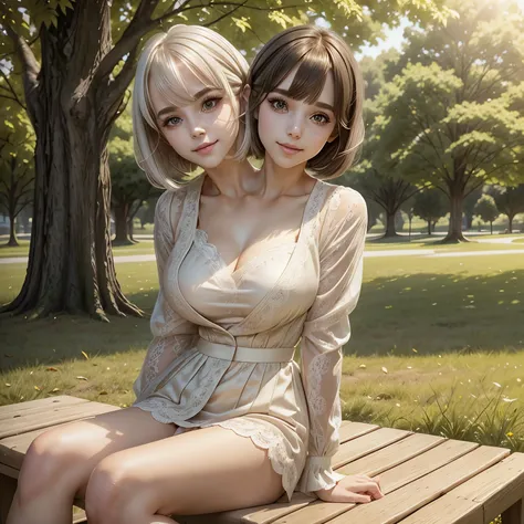 sunny day, graceful photo of a girl in a Blazer Dress, (puffy eyes:1.05), (white lace shirt), platinum brown hair, (angled bob:1.4), flat bangs, (flowing hair), smile slightly, happy, happiness, high detailed skin, skin pores, stunning innocent symmetry fa...