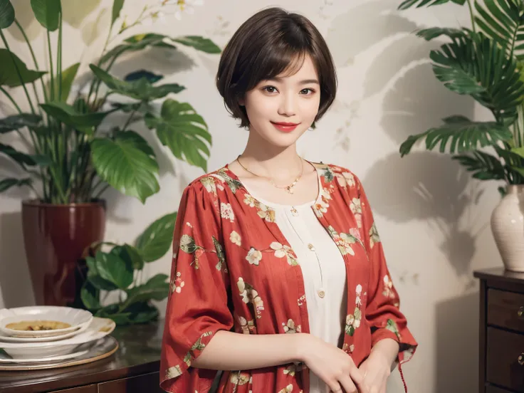 149
(20 year old woman,floral print outfit,pants), (Super realistic), (high resolution), ((beautiful hairstyle 46)), ((short hair:1.46)), (gentle smile), (brest:1.1), (lipstick)
