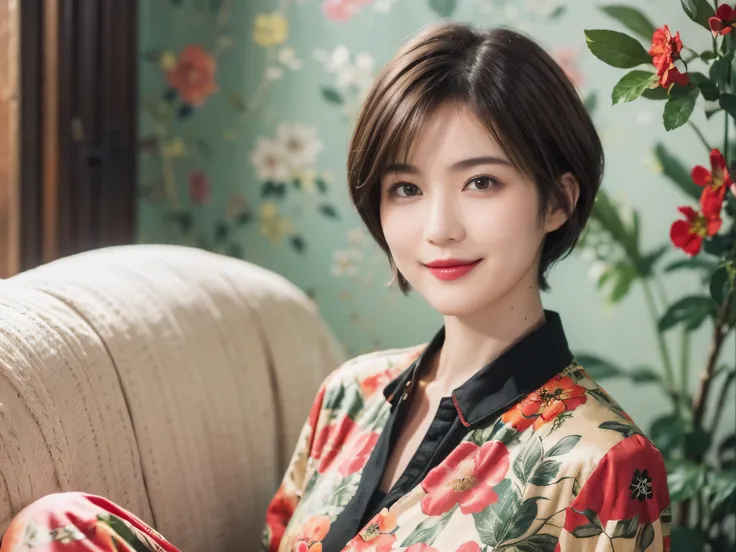 149
(20 year old woman,floral print outfit,pants), (Super realistic), (high resolution), ((beautiful hairstyle 46)), ((short hair:1.46)), (gentle smile), (brest:1.1), (lipstick)
