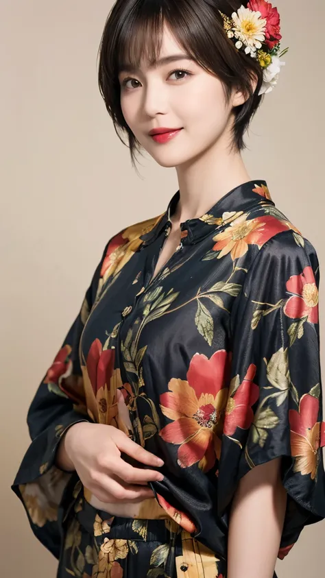 149
(20 year old woman,floral print outfit,pants), (Super realistic), (high resolution), ((beautiful hairstyle 46)), ((short hair:1.46)), (gentle smile), (brest:1.1), (lipstick)
