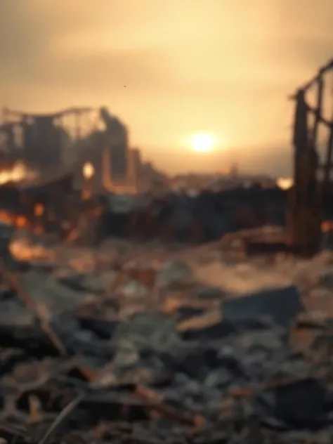 there is a small teddy bear sitting on a pile of rubble, destroyed city on fire, aftermath of a huge battle, burning battlefield background, unreal engine. film still, destroyed city in the background, burning scene in the background, unreal engine 5 rende...