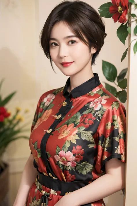 149
(20 year old woman,floral print outfit,pants), (Super realistic), (high resolution), ((beautiful hairstyle 46)), ((short hair:1.46)), (gentle smile), (brest:1.1), (lipstick)
