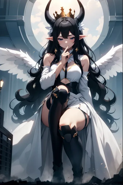 giant girl 50,000 feet high,Weight 1000kg,Has a pair of long legs,Open your eyes wide,Has three pairs of huge white angel wings,With huge devil horns on his head,Has nine fox tails,crown on head,Elf wearing white earrings,She has long black hair that reach...