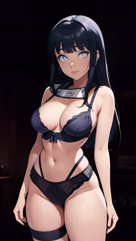 Hinata Hyûga mesure environ 160 centimètres. yeux nacrés ,ses cheveux noirs Raides , coupe avec frange, qui atteignent la longueur de ses épaules, teint pâle , collants noirs, sans vêtements, lingerie rouge.