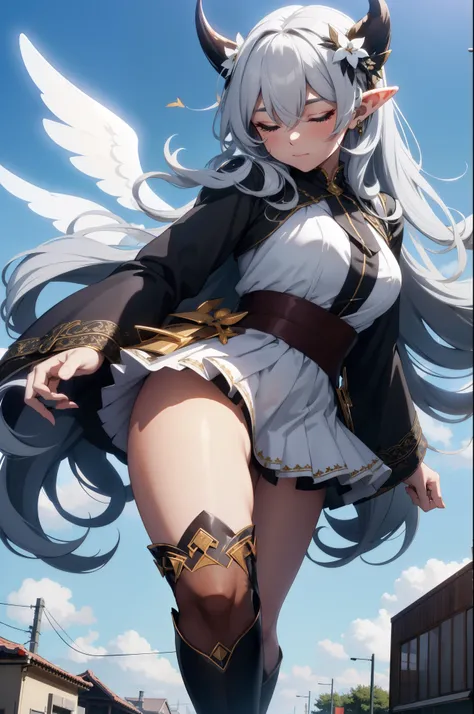 giant girl 50,000 feet high,Weight 1000kg,Has a pair of long legs,Open your eyes wide,Has three pairs of huge white angel wings,With huge devil horns on his head,crown on head,Elf wearing white earrings,She has long black hair that reaches her feet,loose h...