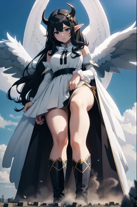 giant girl 50,000 feet high，Weight 1000kg，Has a pair of long legs，Open your eyes wide，Has three pairs of huge white angel wings，With huge devil horns on his head，crown on head，Elf wearing white earrings，She has long black hair that reaches her feet，loose h...