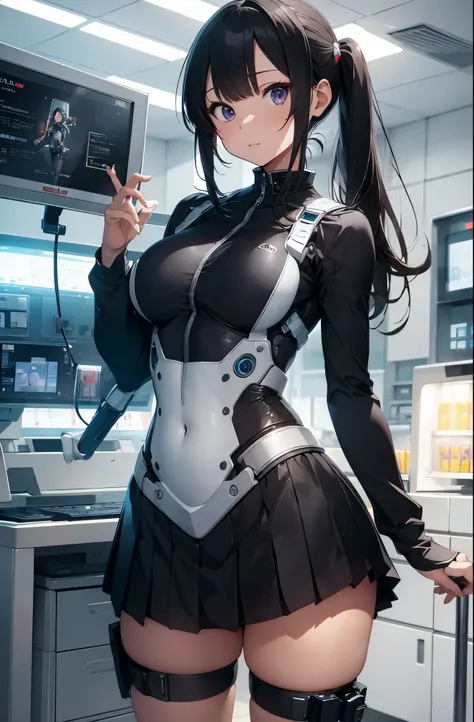 masterpiece, best quality, extremely detailed, hight resolution, 超A high resolution:1.1, 8k portrait, Japaese android Girl,Plump,single eyelid,announcer,control panels,android,Droid,Mechanical Hand, Robot arms and legs, Black hair,Mechanical body,Blunt ban...