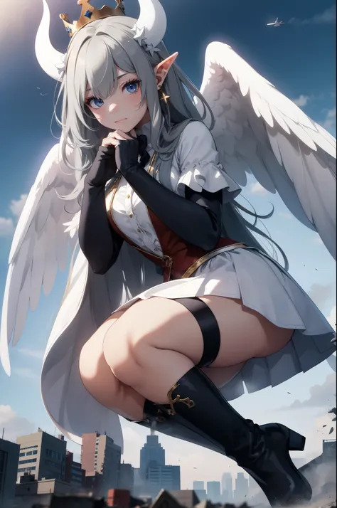 giant girl 50,000 feet high,Weight 1000kg,Has a pair of long legs,Open your eyes wide,Has three pairs of huge white angel wings,With huge devil horns on his head,crown on head,Elf wearing white earrings,She has long black hair that reaches her feet,loose h...