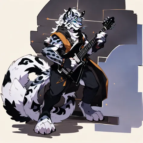 a drawing of a man with a guitar, of anthro grey snow leopard warlock, grey leopard skin, tiefling bard, anthropomorphic furry art, fursona furry art commission, professional furry drawing, anthro concept art, guitar concept art, high quality commission,gu...