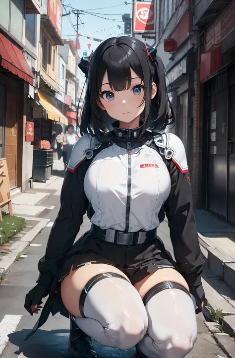 masterpiece, best quality, extremely detailed, (8K, 4K, Best Quality, hight resolution, 超A high resolution:1.1)Japanese android woman,Plump , announcer,control panels,activate,Squat,android,droid,Mechanical Hand,Robot arms and legs, Black Robot Parts,black...