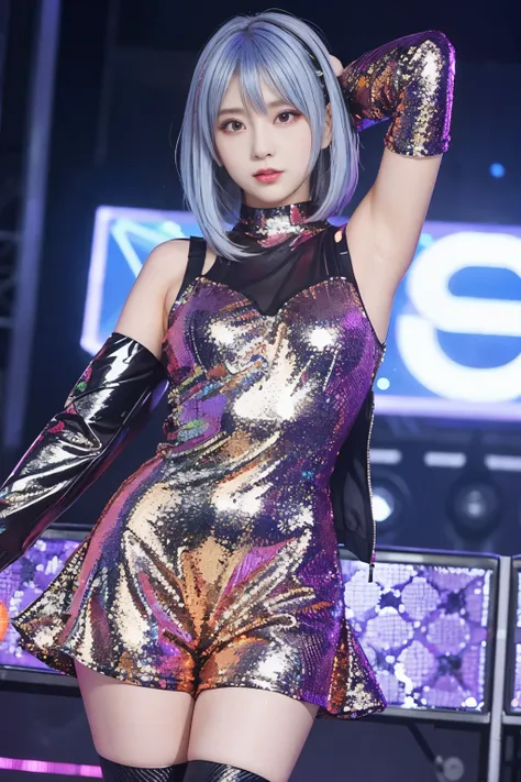 cyber idol、 　、full body esbian、、 、fluorescent orange sequin costume、silver hair、cyber stage