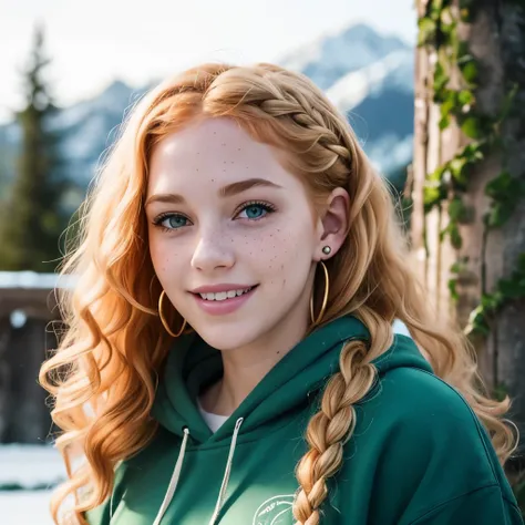 Full-body image, Girl with curly strawberry blonde hair, beautiful face, hair braid, pierced ears, earrings, freckles, pale skin, smiling, large breasts, winter park background, hoodie and jeans, green eyes, teenager, short, young