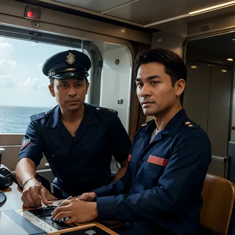 Make a realistic image of 3 Myanmar seafarers - Captain, Second Officer and Able Seaman working on the navigation bridge of a tanker ship. Make the Navigation bridge more wider. Captain and Secound officer are navigating the ship and they in uniforms. Able...