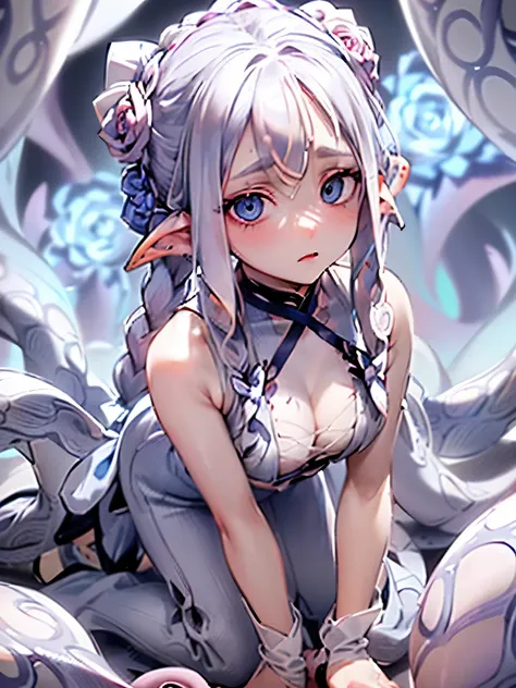 (Pale gray hair:1.2),(Braided long:1.3),(hair tied up loosely:1.25),(big ribbon:1.3),(light blue eyes:1.4),(Eye size:1.5),(sphere accessories:1.3),((feminine fashion:1.4)),(Background full of blooming flowers:1.5),(blush),(vagina:1.3),(small breasts:1.1),(...