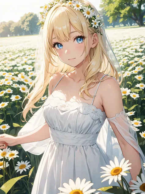 1 girl,in the flower field,White flower,looking at the viewer,blue eyes,blonde hair,daisy,long hair,Pure white dress,