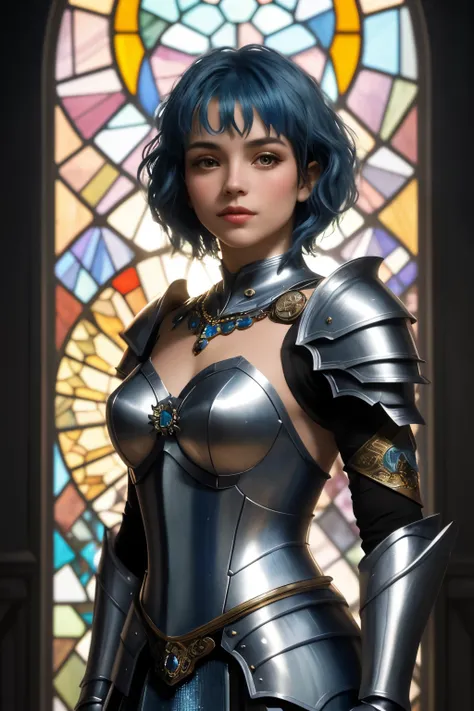 beautiful female warrior, short blue hair, shimmering jewels armor, in the style of Alfons Mucha, with emphasis on light play and the transparency of the glass, High and short depth of field, Ray tracing, FHD, hyper quality --ar 9:16 --s 1000 --v 6.0