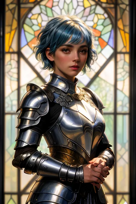 beautiful female warrior, short blue hair, shimmering jewels armor, in the style of Alfons Mucha, with emphasis on light play and the transparency of the glass, High and short depth of field, Ray tracing, FHD, hyper quality --ar 9:16 --s 1000 --v 6.0