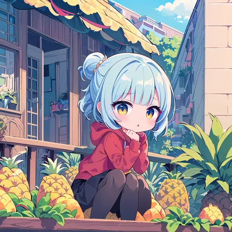 (Chibi, Pineapple, 1 girl: 1.5), (Masterpiece, almond-shaped eyes, glossy white-blue hair, short chignon hair, top quality, carefully drawn fingertips, beautiful anatomy, From below , Whole body: 1.4), (Tasteful colored pencil hand-drawn picture: 1.3), (Re...