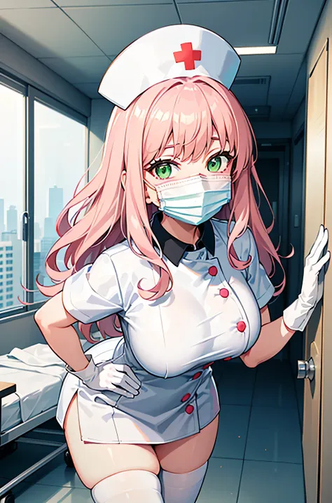 1 female, alone, nurse, nurse cap, white nurse uniform, ((white legwear, zettai ryouiki)), white gloves, pink hair, green eyes, ...