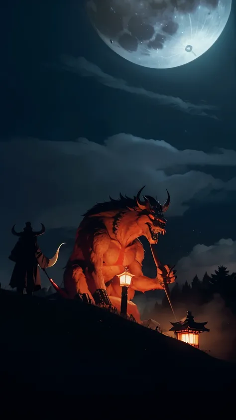 Dont go out late at night. They appear in a row with torches under the moonlight peeking through the clouds. giant bone monster, Red Devil, Heian-kyo, Japan folklore, Apparition, matrix,