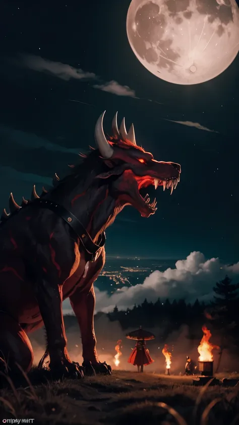 Dont go out late at night. They appear in a row with torches under the moonlight peeking through the clouds. giant bone monster, Red Devil, Heian-kyo, Japan folklore, Apparition, matrix,