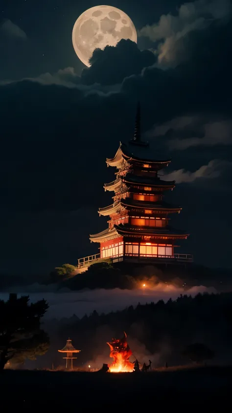 Dont go out late at night. They appear in a row with torches under the moonlight peeking through the clouds. giant bone monster, Red Devil, Heian-kyo, Japan folklore, Apparition, matrix,