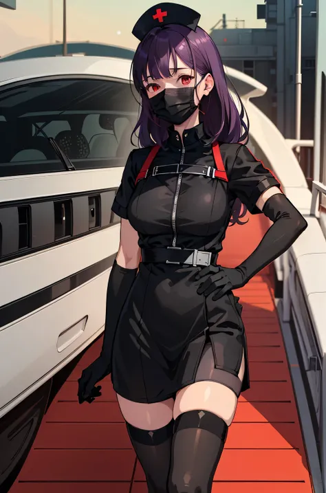 black nurse, 1 female, alone, black nurse cap, Black nurse uniform, ((black legwear, zettai ryouiki)), black elbow gloves, long hair, purple hair, red eyes, ((Black surgical mask, Covered nose)), Are standing, ((operating room)), sharp outline, short sleev...