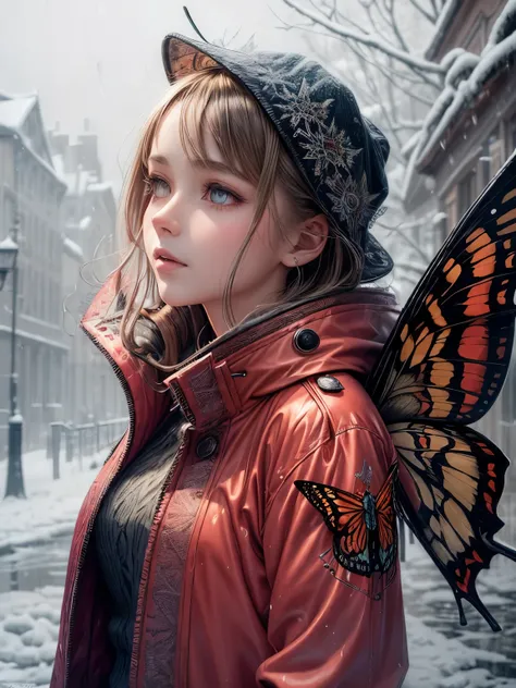 (best quality,ultra-detailed,realistic:1.37),A girl in a snowy rain,moths fluttering around her,wearing a vibrant red jacket,exquisite eyes and lips,smoking a cigarette,smoke swirling around her.Passingby people stepping on crushed cigarettes. Material: Oi...