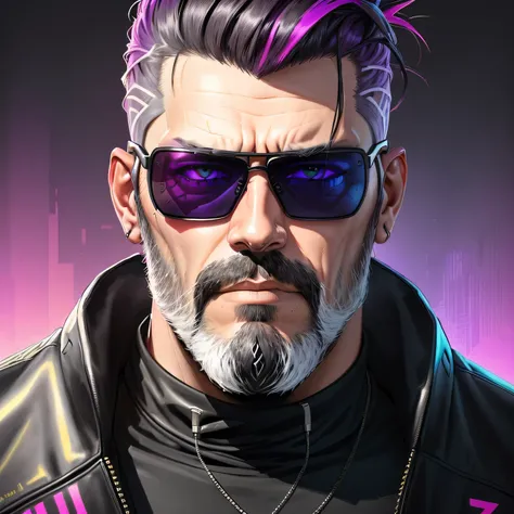 a man with dark hair and grey beard and sunglasses, cyberpunk art, funk art, stunning gradient colors, stylized portrait h 704, pompadour, twitch streamer, cold colors. insanely detailed, t-800, no watermark signature, in rich color, outrun